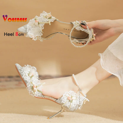 Women's Pumps Elegant Lady Evening Party Dress Prom Shoes 8CM Lace Flower Pearls Single Shoes Spring Summer Pointed High Heels
