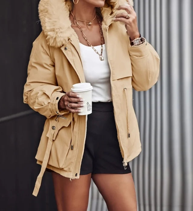Quilted Jacket Woman Autumn Winter Faux Fur Lantern Sleeve Hooded Casual Plain Long Sleeve Pocket Zipper Cargo Parka Coat