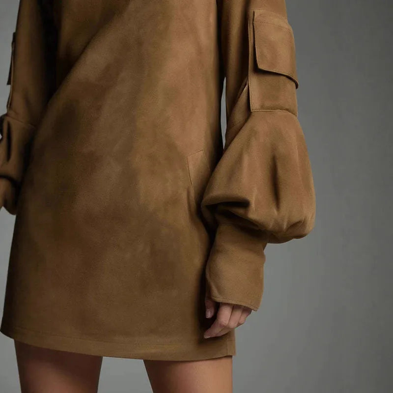 Autumn Retro Solid Suede Mini Short Dresses Sexy Turtleneck Slim Woman Pullover Dress Winter Long Sleeve Pockets Female Clothing