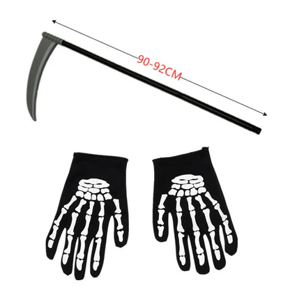 Child Grim Reaper Scary Costume Halloween Scare Mask Set with Removable Scythe Devil Accessory Carnival Role Play Black Robe