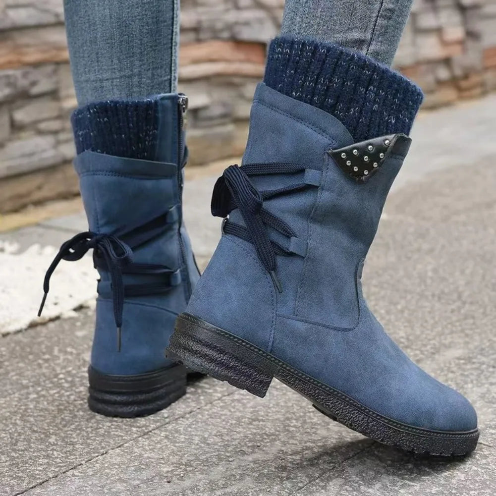 New Women Boots Autumn Winter New Knee High Shoes Large Tube Thick Heel Shoes for Women Strap Pleated Vintage Ankle Boots