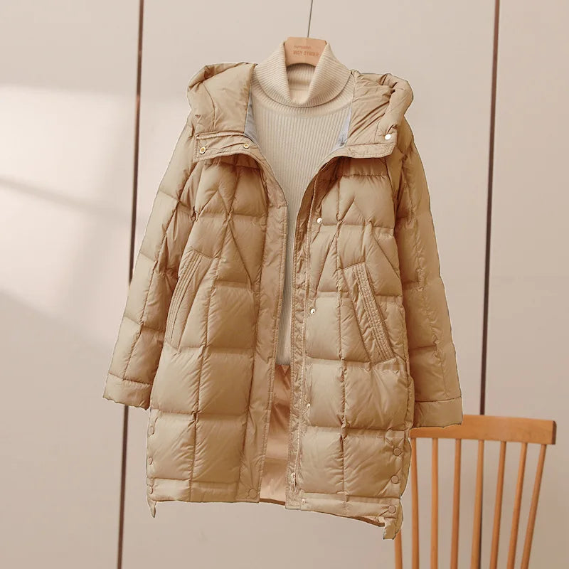 Winter Long 90% White Duck Down Jacket Women Hooded Zipper Puffer Coat Casual Warm Loose Puffer Feather Parka