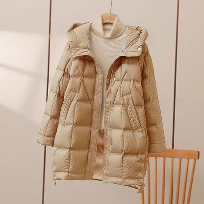 Winter Long 90% White Duck Down Jacket Women Hooded Zipper Puffer Coat Casual Warm Loose Puffer Feather Parka