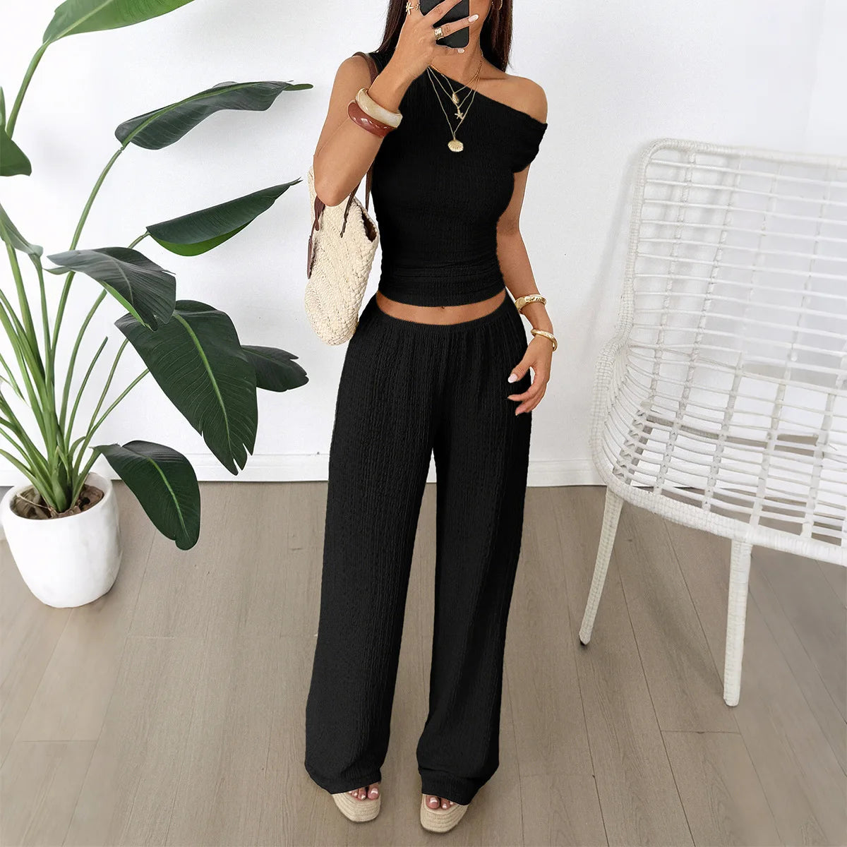 Two Piece Set Women Outfit  Summer New Solid Color Slanted Collar Tank Top & High Waist Casual Wide Leg Long Pants Set