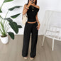 Two Piece Set Women Outfit  Summer New Solid Color Slanted Collar Tank Top & High Waist Casual Wide Leg Long Pants Set