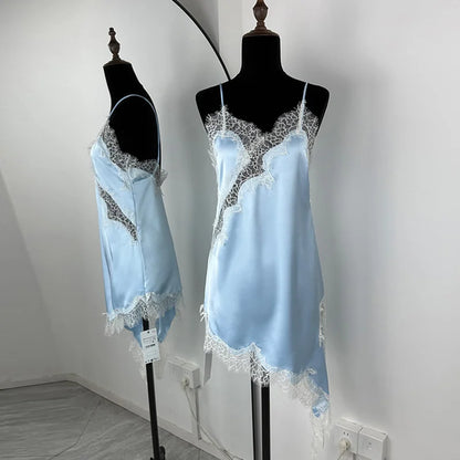Sexy Irregular Satin Lace Dress Women Fashion V Neck Hem Suspender Mini Dresses 2025 New Fashion Party Vestidos Camisole Dress