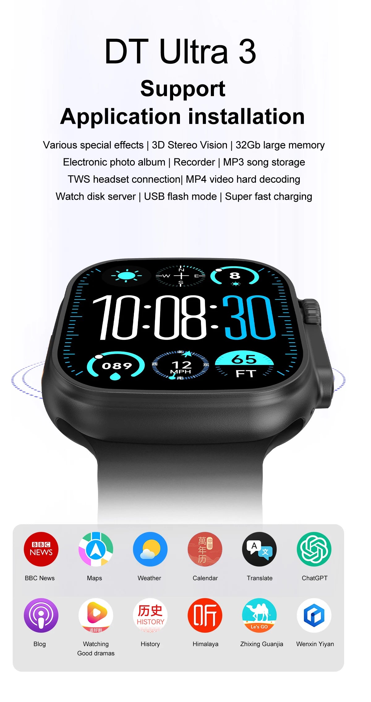 DT Ultra 3 Smartwatch Amoled Screen 4GB MP3 MP4 Player Bluetooth Network Sharing APP Store ChatGPT Smart AI Watch Men Sportwatch