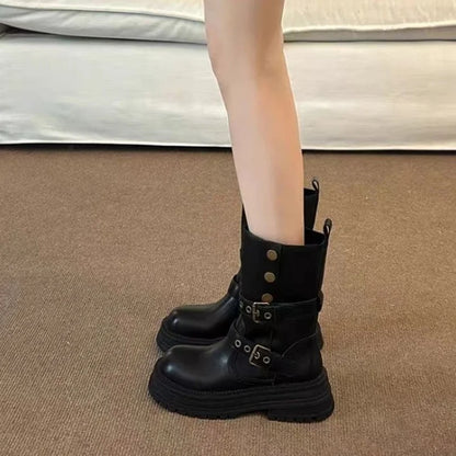 Platform Mid Calf Boots for Women 2025, Mallard Color Furry Lined Winter Shoes with Buckle, Comfortable Thick Sole Boots