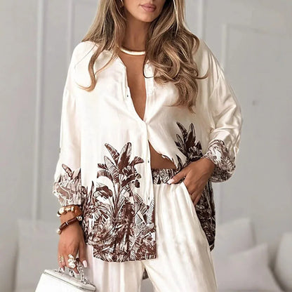 New Autumn Long Sleeve Lapel Shirt Cardigans & Wide Leg Pant Sets Woman 2 Piece Casual Print Single Breasted Suit Leisure Outfit