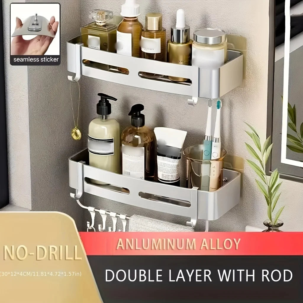 1pc Non-Drill Aluminum Bathroom Storage Rack - Wall-Mounted Corner Shelf for Shampoo, Makeup, and Accessories