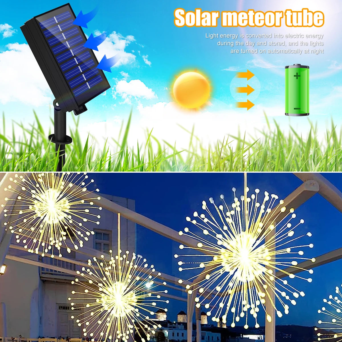 4PCS 360/480LED Solar Fireworks Lights Outdoor Waterproof Hanging 8 Modes Star Burst Light For Party Wedding Garden DIY Decor
