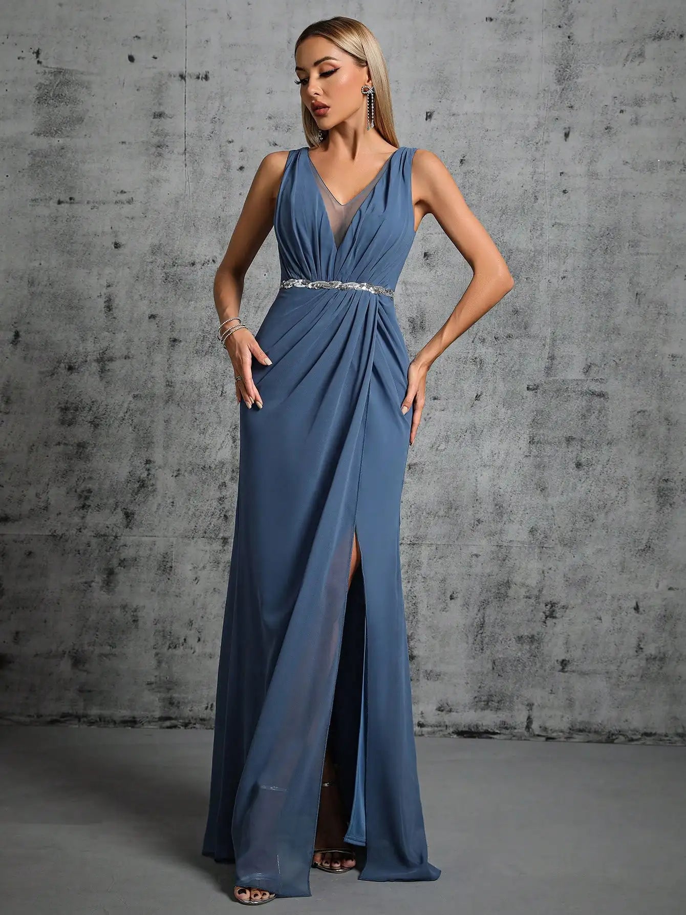 Mgiacy Shoulder deep V-neck silver sequin belt pleated chiffon slit skirt Evening gown Ball dress Party dress Bridesmaid dress