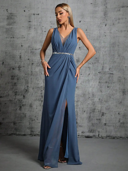 Mgiacy Shoulder deep V-neck silver sequin belt pleated chiffon slit skirt Evening gown Ball dress Party dress Bridesmaid dress