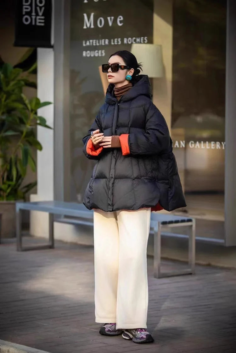 Schinteon Women Down Jacket Casual Loose Over Size Warm Autumn Winter Outwear White Duck Down with Hood Fashion Coat 2024 New