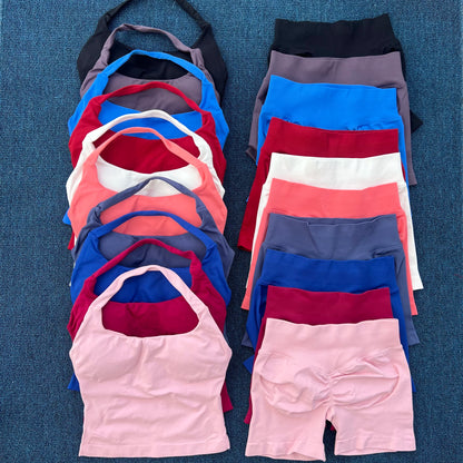 Yoga Gym Set Halter Top Set Yoga Leggings Shorts Set Backless Tights Bra Vest Seamless Stretch Ribbed Buttocks Lift Shorts Set