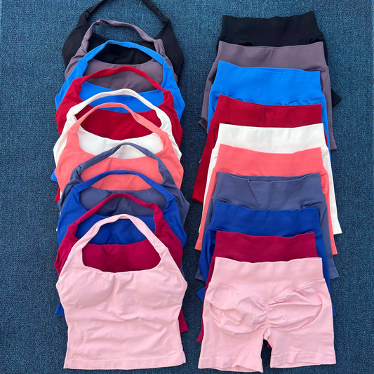 Yoga Gym Set Halter Top Set Yoga Leggings Shorts Set Backless Tights Bra Vest Seamless Stretch Ribbed Buttocks Lift Shorts Set