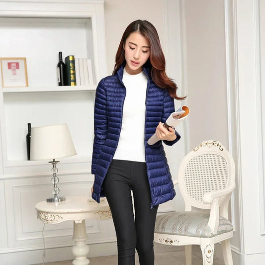 Autumn Winter Women White Duck Down Jacket Female ultra Light Slim Thin Zipper Warm Feather Long Down Coat Good Quality Parkas