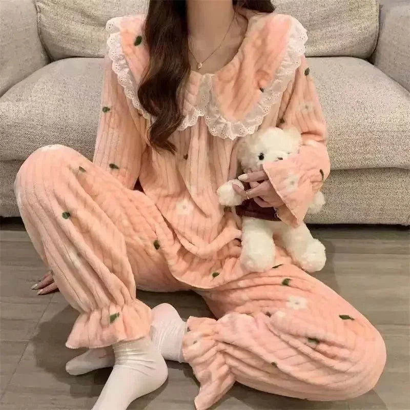 Ruffles Pajamas for Women Autumn Winter Peter Pan Collar Ruffle Sleeve Pajama Top and Elastice Waist Pants 2 Pcs Pajama Sets