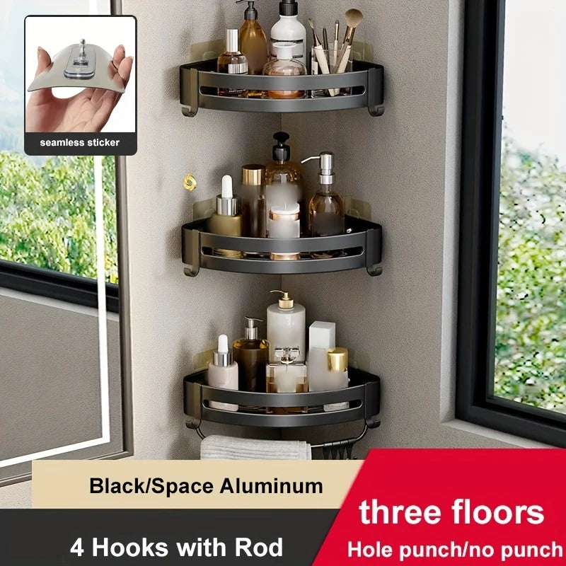 1pc Non-Drill Aluminum Bathroom Storage Rack - Wall-Mounted Corner Shelf for Shampoo, Makeup, and Accessories