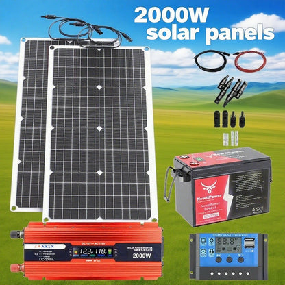 2000W Off-Grid Solar Complete Kit Power 100A Controller,110V 220V Inverter&10AH 30AH LiFePO4 Battery for Home/RV/Camping