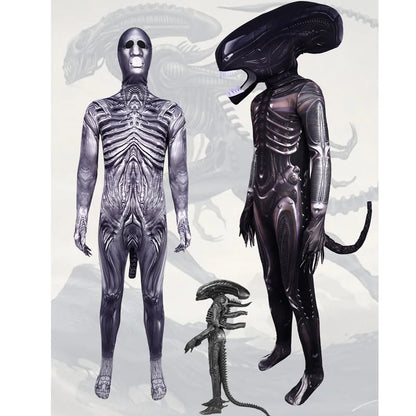 Halloween Adult Alien Xenomorph 3D Print Bodysuit Costumes Scary Suit Kids Alien Romulus Cosplay Jumpsuit Mask Tentacles Disfraz