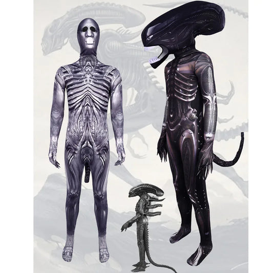 Halloween Adult Alien Xenomorph 3D Print Bodysuit Costumes Scary Suit Kids Alien Romulus Cosplay Jumpsuit Mask Tentacles Disfraz