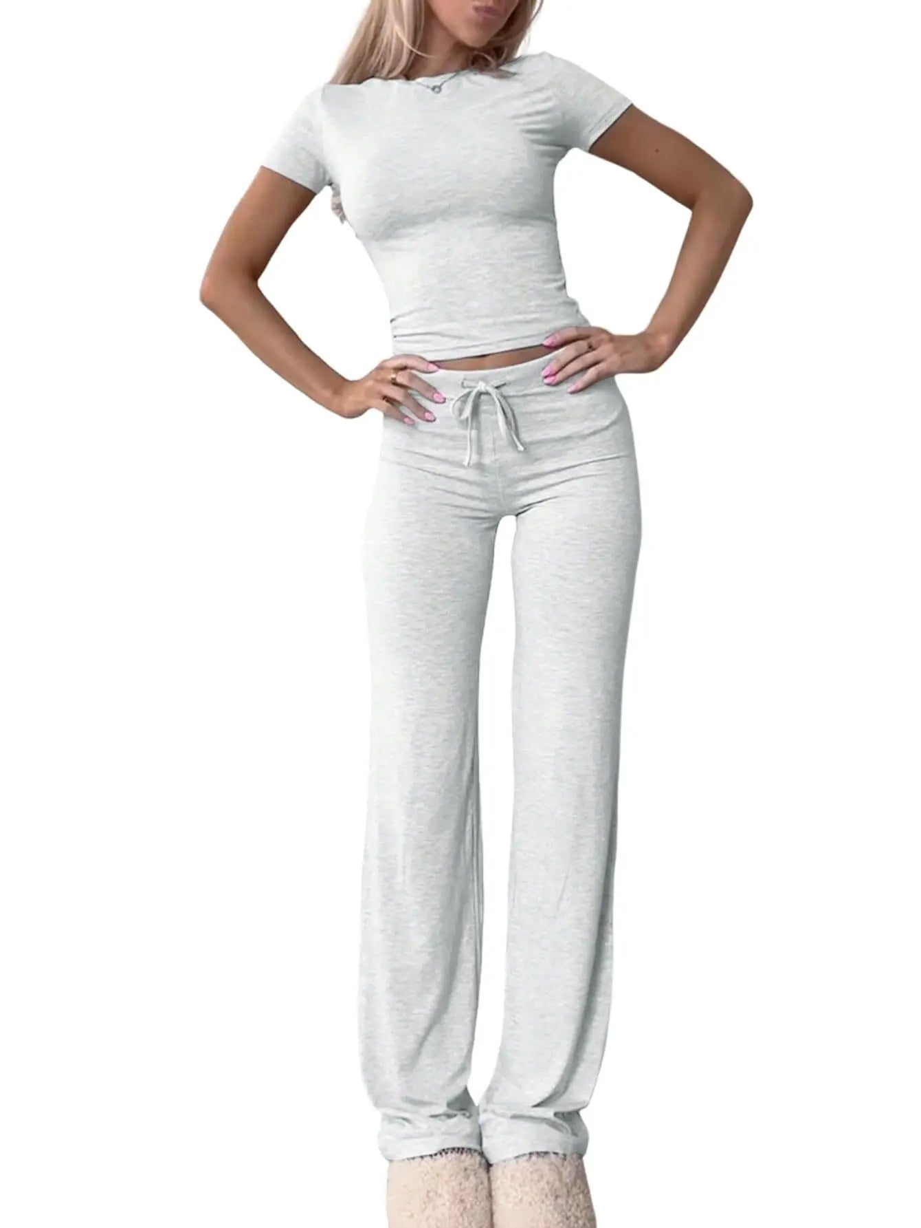Summer Comfortable Casual Women's Home Sports Set 2025 New Fashionable Solid Color Slim Body Clothes + Trousers Two-piece Set