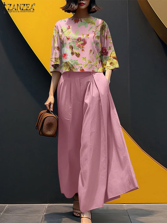 2025 ZANZEA Summer Pant Sets Fashion 2PCS Women Matching Sets O Neck 3/4 Sleeve Blouse Wide Leg Trousers Suit Casual Outfits