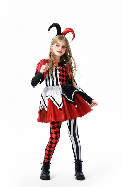 Naughty Girls Clown Costume Kids Circus Scary Tutu Dress Halloween Cosplay Costumes Carnival Party Jester Dress Up Full Set