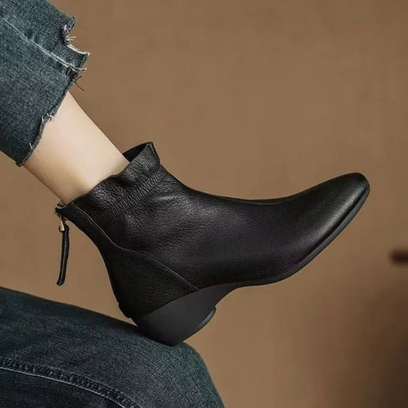2025 Autumn Winter New Women's Soft Leather Ankle Boots - Block Low Heel, Side Zipper, Comfortable for Commuting