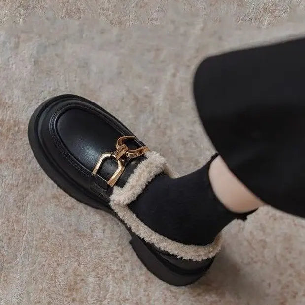 Women's Fur Lined Loafers Chunky Platform Winter Shoes Horsebit Slip On  Comfortable Flats