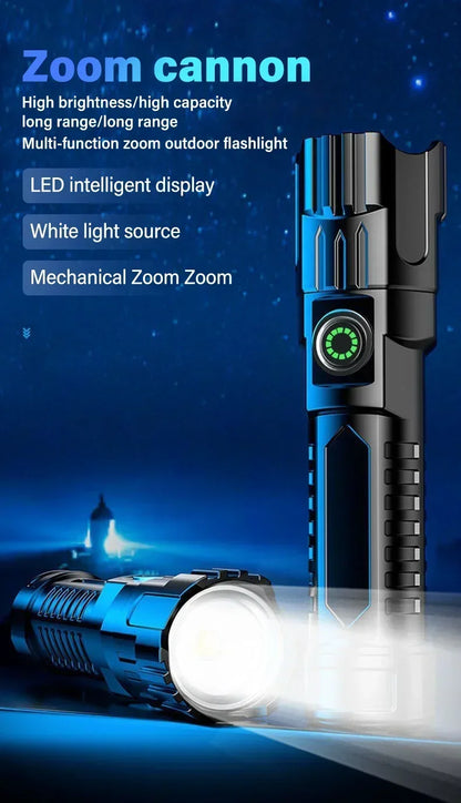 High Strong Power Led Flashlights 2000LM Tactical USB Charging Camping Emergency Fishing Zoom Lantern Torch with Display Light