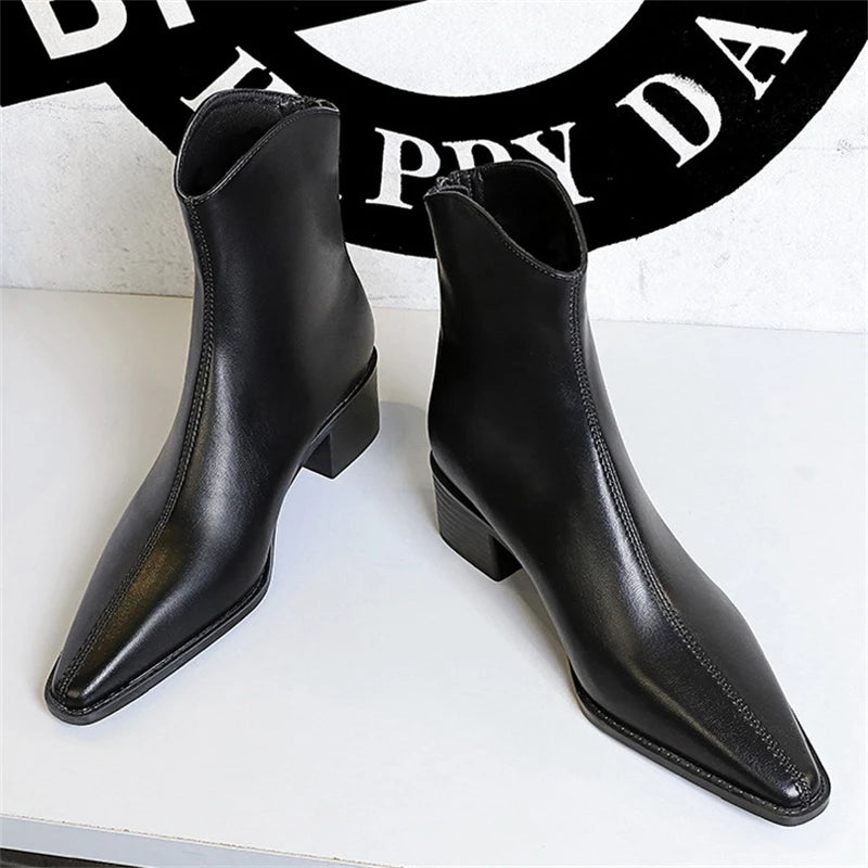 BIGTREE Street Style Designer Vintage Pointed Toe Zipper Women Ankle Boots Autumn Winter Fashion Square Heel Shoes Botas Mujer