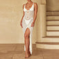Yiiciovy Knitted Swimsuit Cover Ups Women Crochet Long Beach Dress Deep V-neck Backless Lace Cross Cut-out Swimwear Dress