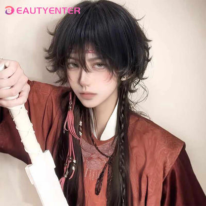 Mullet Head Wig Short Synthetic Straight golden black Fluffy Natural Wolf Tail Hair Men and Women Wig for Daily Party Cosplay