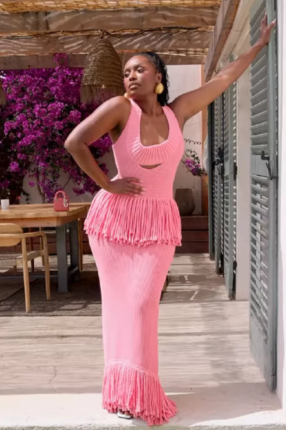 Designed Polka Dot Knitted Long Dress V Neck Hollow Out Fringe Hem Dresses 2025 Summer New Women's Elegant Party Evening Gown