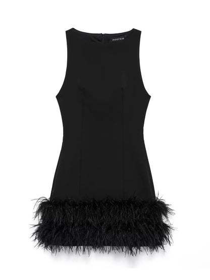 MUJER Feather Mini Dress Women Black Sleeveless Corset Dress Woman off Shoulder Party Dresses for Women Luxury Short Dress
