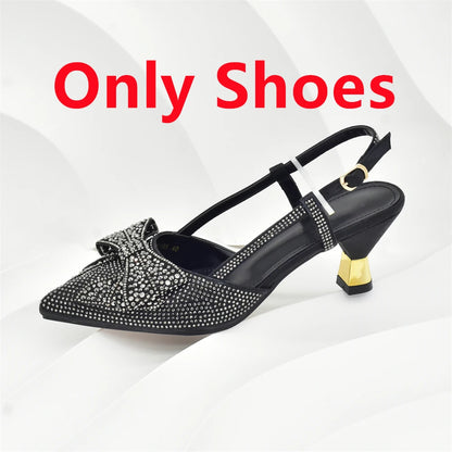 2025 Fashiona Banquet Exquisite Party Top Luxury Pointed Toe Bowtie Bright Diamond Summer Women's High Heels Shoes and Bags Set