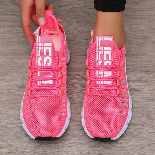 Women's Sneakers Knitted Mesh Breathable Fashionable Lightweight Soft Lace Up Shoes Flexible Trendy Exercise Walking Flat Shoes