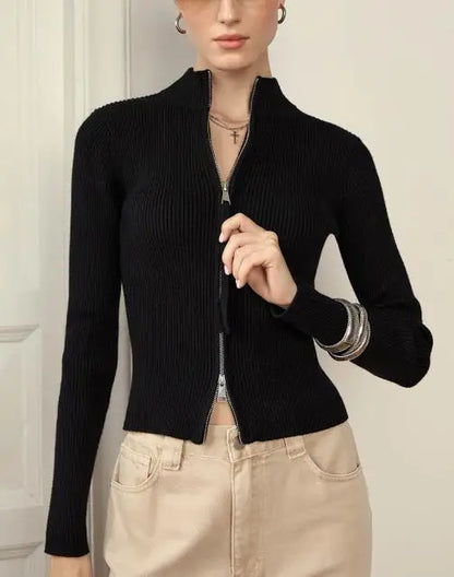 Women's Sweater Spring Autumn New Solid Color Stand Collar Slim Fit Long Sleeved Double Zipper Casual Knit Sweater Jacket