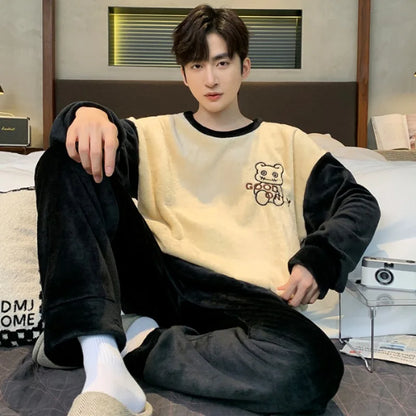 Winter New Thickening Round Neck Long Sleeve 2 Piece Outfit Set Man Flannel Man Clothing Set Advanced Printing Lounge Sets Man