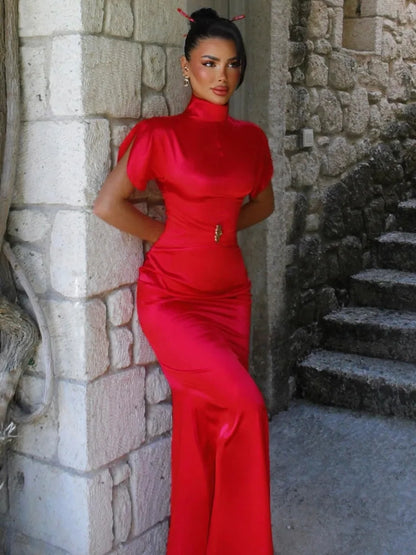 Blifanbo Turtleneck Elegant Maxi Dress Women Bodycon High Waist Robe Short Sleeve Patchwork Fashion Sexy Club Party Long Dress