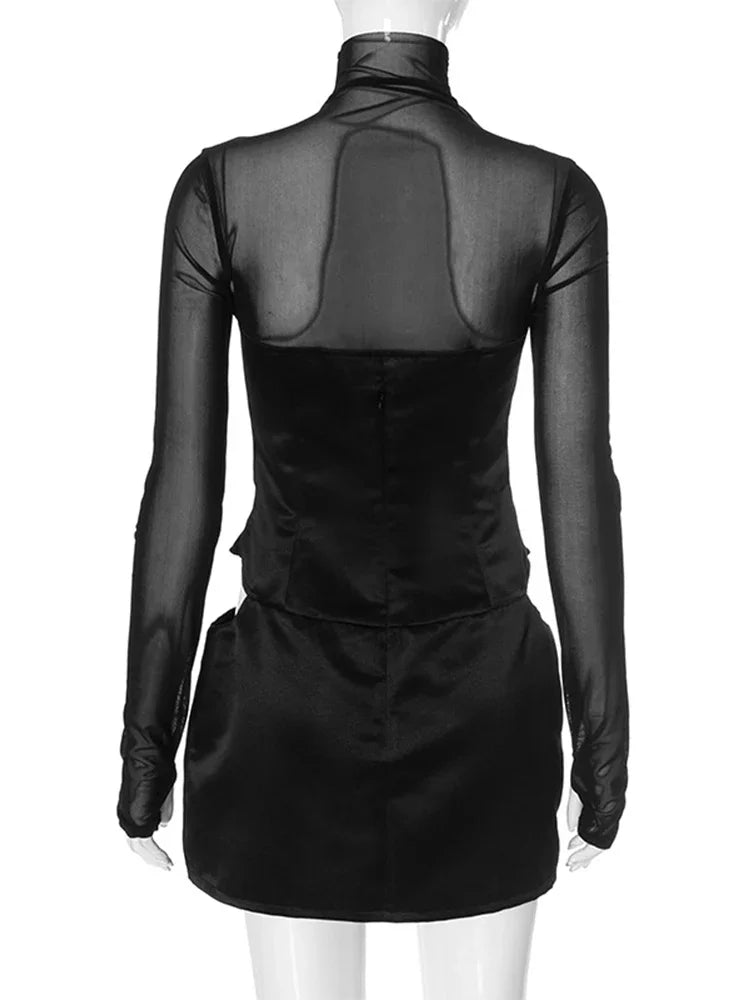 Trendix Fashion Mesh Long Sleeve Mini Dress Club See Through Turtleneck Splice Hollow Bodysuit Dress Party Hot Girls Sexy Dress