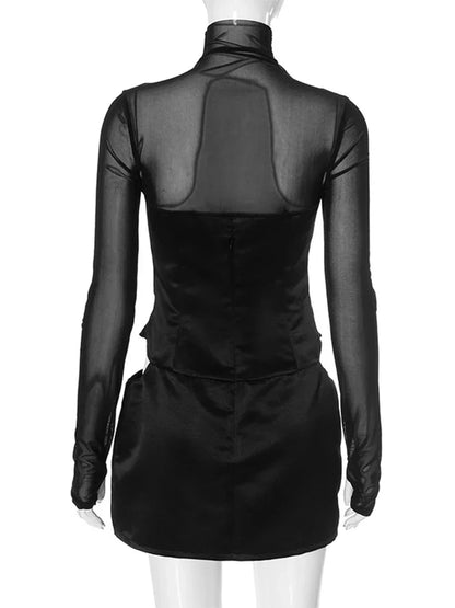 Trendix Fashion Mesh Long Sleeve Mini Dress Club See Through Turtleneck Splice Hollow Bodysuit Dress Party Hot Girls Sexy Dress