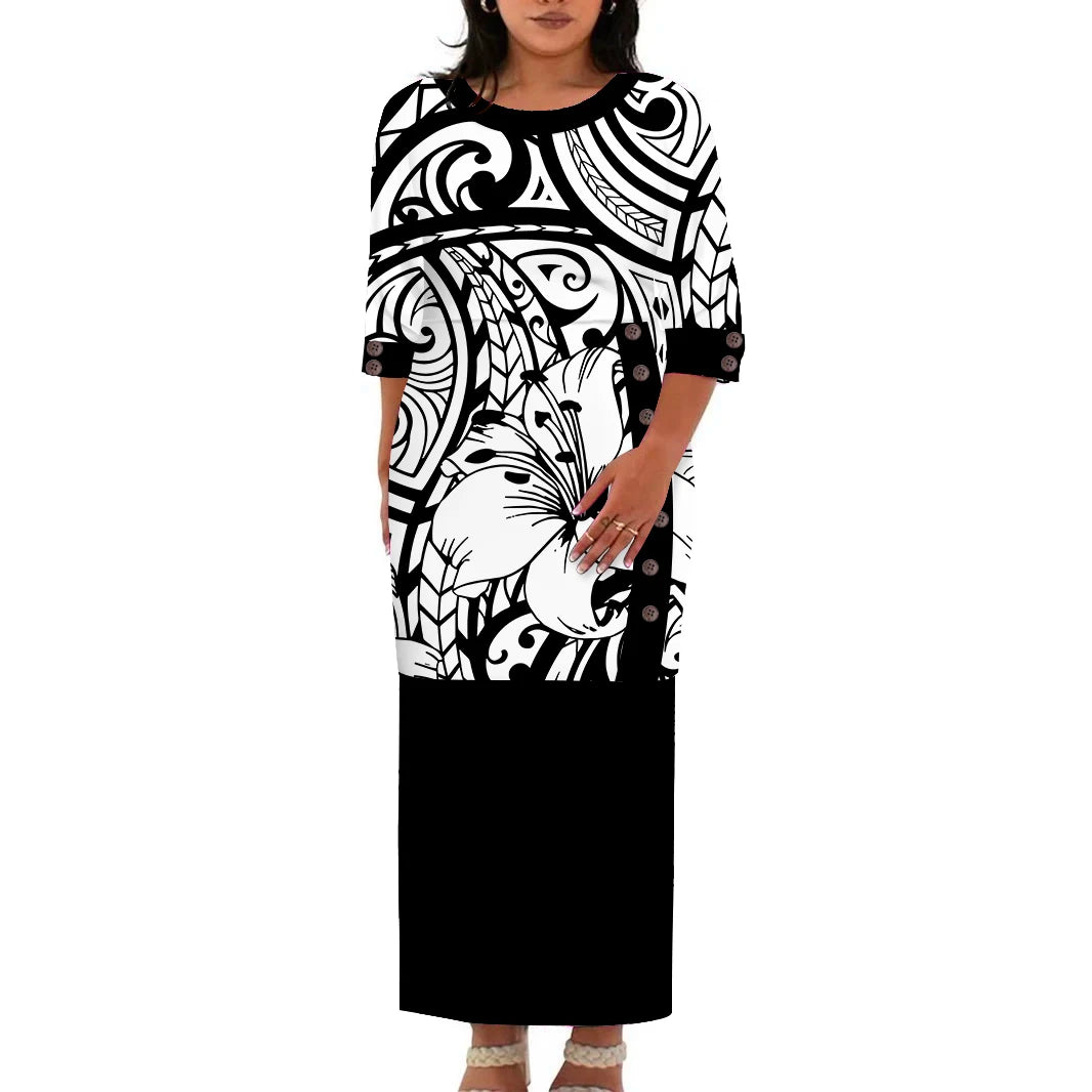 Hawaii Style Design Big Size Ladies Long Dress Custom Polynesian Puletasi Ptaha Dress O Neck Prom Clothes 2 Piece Outfits Sets