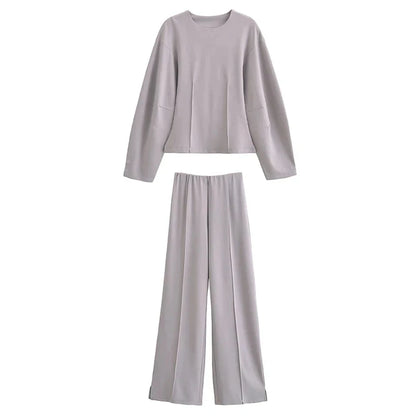 TRAFZA Women New Fashion Slimming 2-Piece Set Double-Sided Fabric O-Neck Long-Sleeve Top+Elegant Stretch Long Pants Female Suit