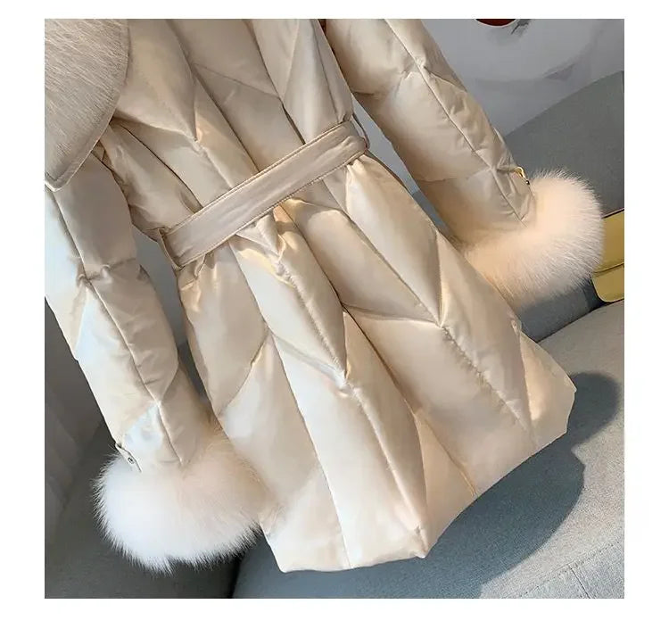 New Women High-end Down Jacket Imported copy Fox Fur Shawl Collar Down Coat Long Young Fashion Warm Slim-fit Fashion Jacket