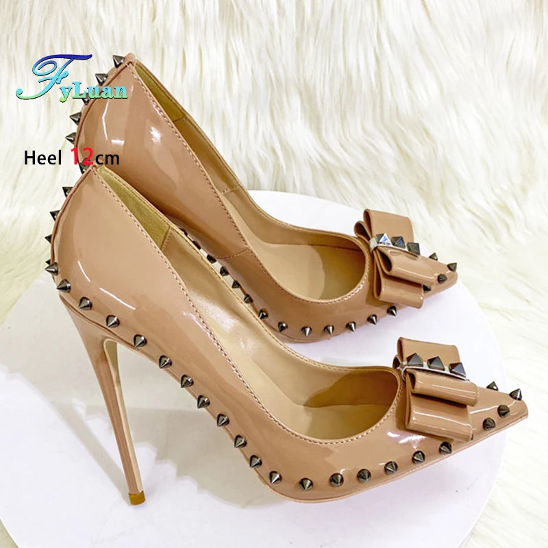 Size 34-46 Women's Pumps 8-12CM Fashion Rivet Pointed Toe Single Shoes With Bow-knot Spring Autumn Nightclub Party High Heels