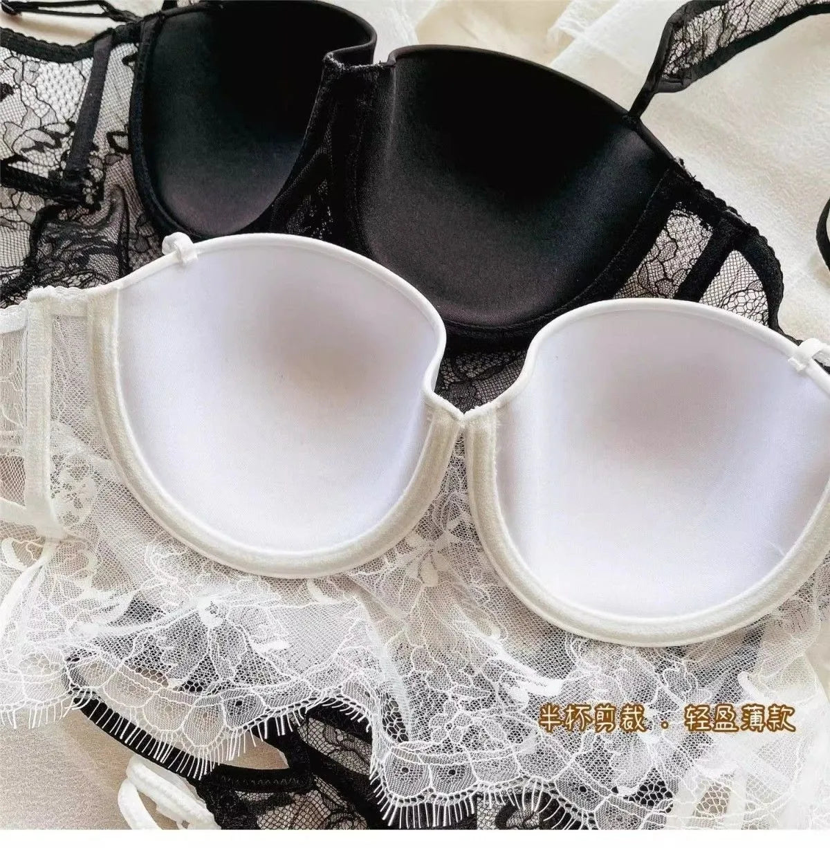 Sexy Lingerie Women Lace Transparent Underwear Embroidery Brief Set Delicate Bra Push Up Lace Gathered Edge Bra and Panty Set