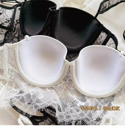 Sexy Lingerie Women Lace Transparent Underwear Embroidery Brief Set Delicate Bra Push Up Lace Gathered Edge Bra and Panty Set